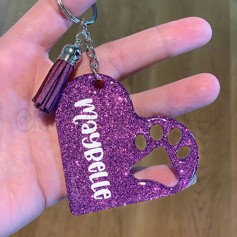 Paw Print Heart Keychain Purple Gold Glitter.
